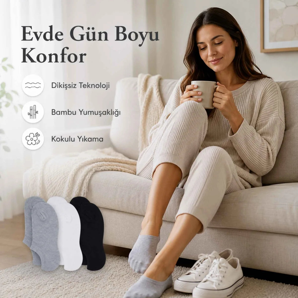 Kadın Bambu 12’li Dikişsiz Babet Çorap Siyah Beyaz Gri Görünmez Sneaker Çorap Nefes Alan Yumuşak