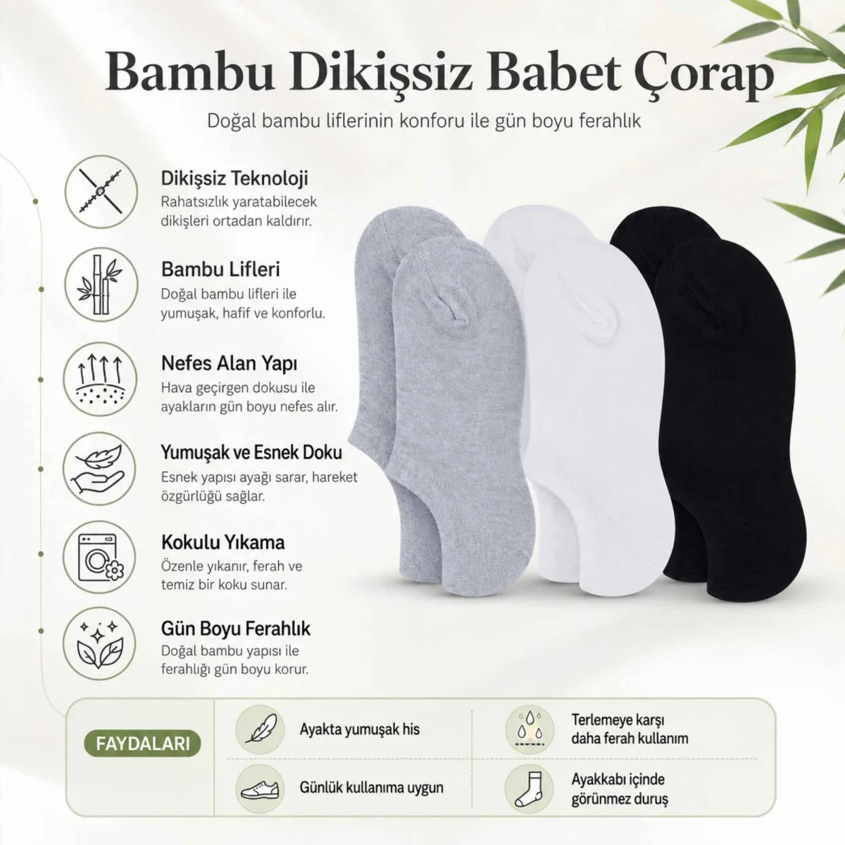 Kadın Bambu 12’li Dikişsiz Babet Çorap Siyah Beyaz Gri Görünmez Sneaker Çorap Nefes Alan Yumuşak