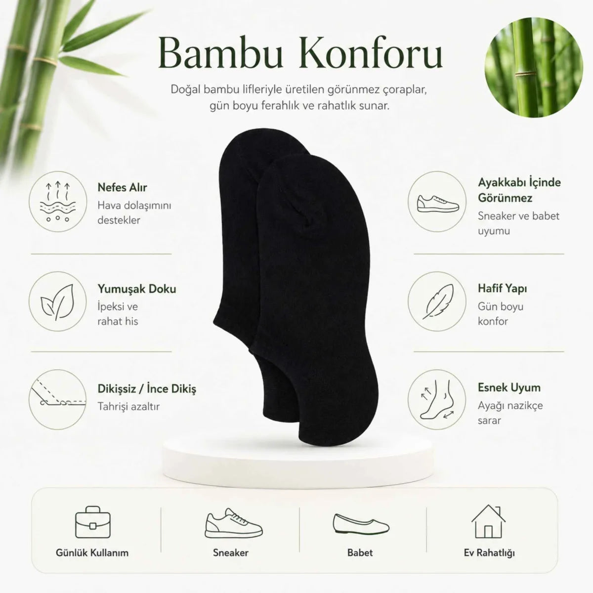 Kadın Bambu 6’lı Dikişsiz Babet Çorap Siyah Beyaz Gri Görünmez Sneaker Çorap Nefes Alan Yumuşak
