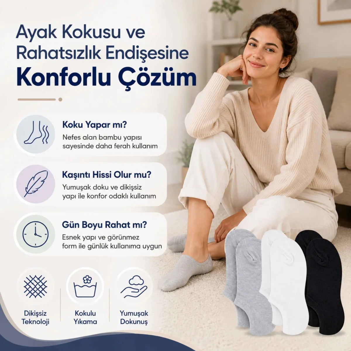 Kadın Bambu 6’lı Dikişsiz Babet Çorap Siyah Beyaz Gri Görünmez Sneaker Çorap Nefes Alan Yumuşak