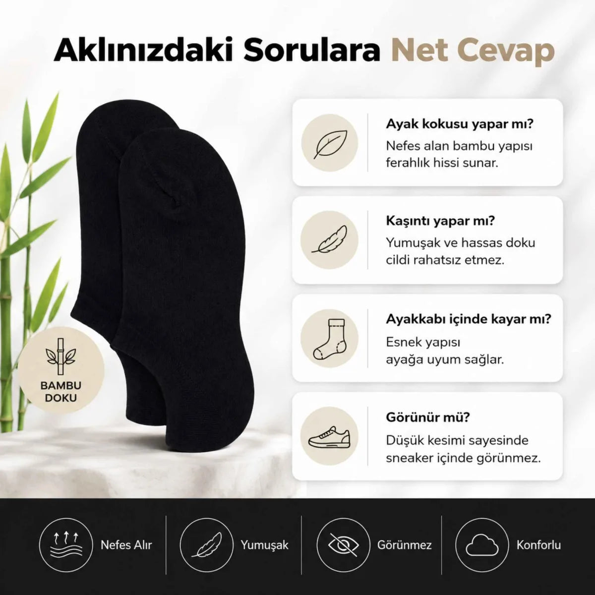 Kadın Bambu 6’lı Dikişsiz Babet Çorap Siyah Beyaz Gri Görünmez Sneaker Çorap Nefes Alan Yumuşak