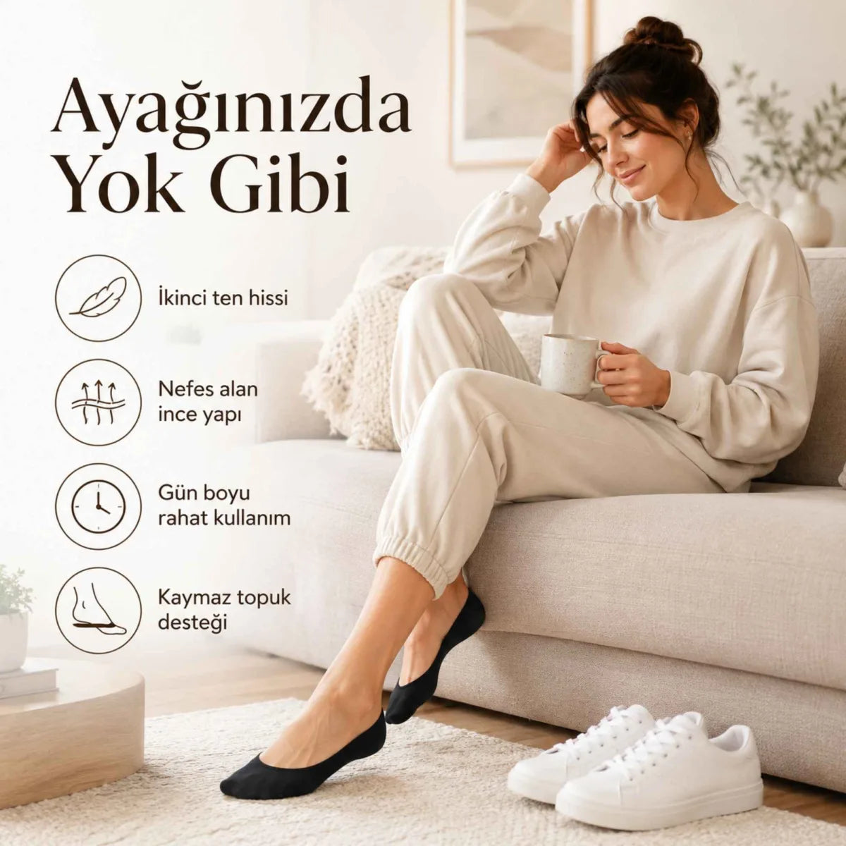 Kadın Geri Dönüşüm İplikli 12’li Görünmez Sneaker Çorap, İnce Dikişli Nefes Alan Babet Çorap Siyah Beyaz Gri