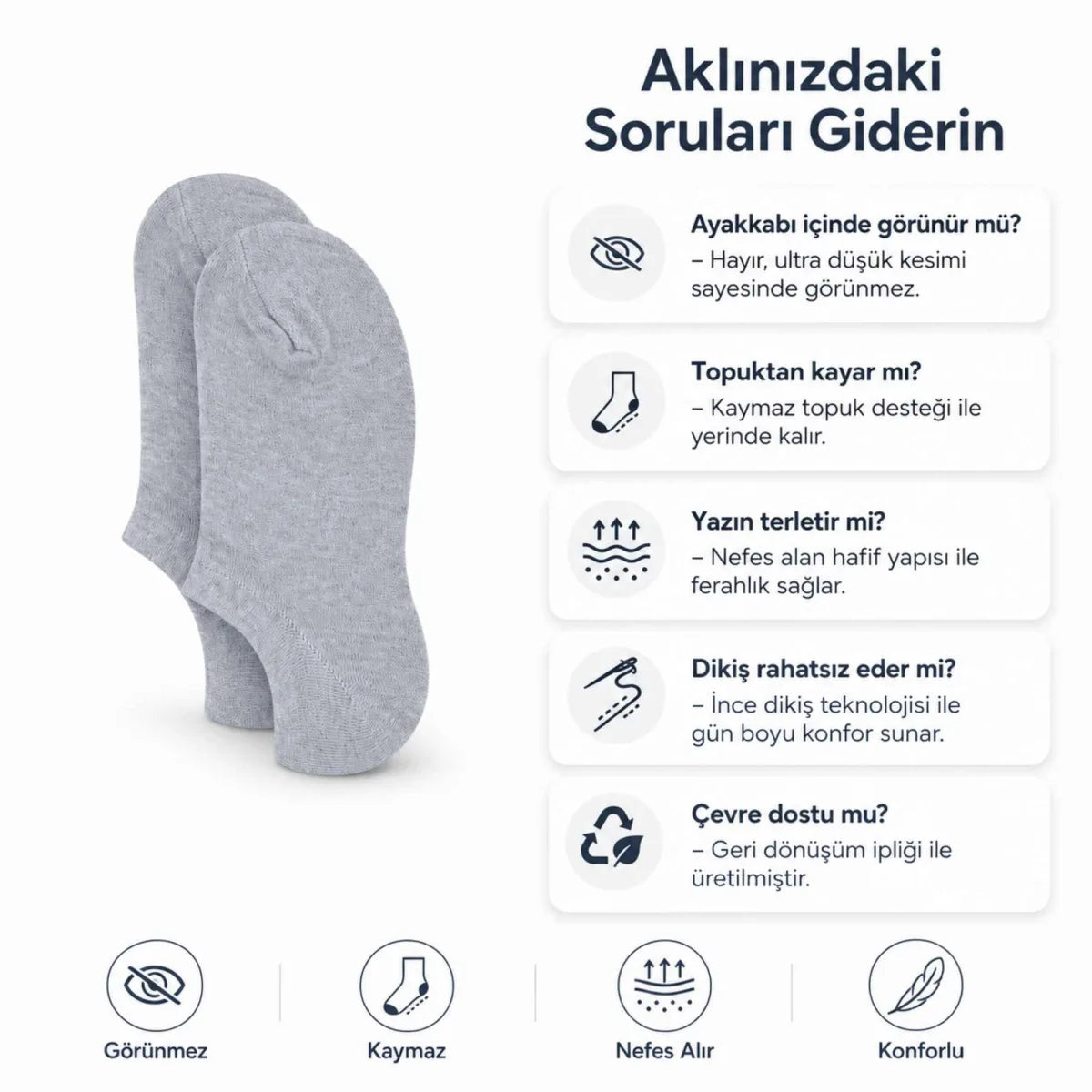 Kadın Geri Dönüşüm İplikli 12’li Görünmez Sneaker Çorap, İnce Dikişli Nefes Alan Babet Çorap Siyah Beyaz Gri