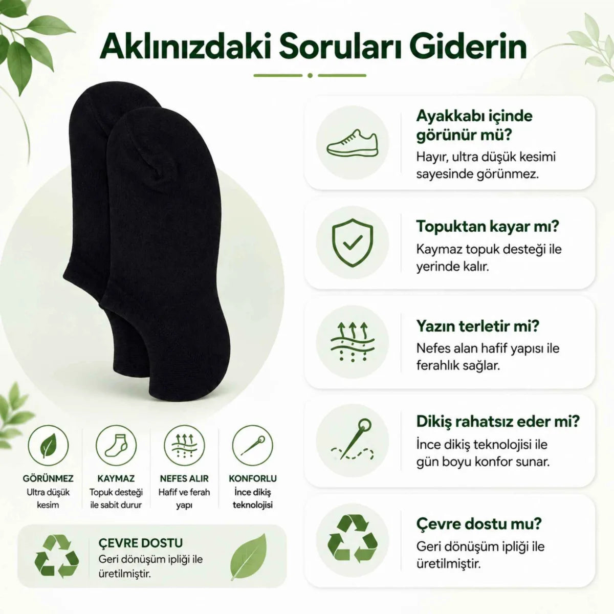 Kadın Geri Dönüşüm İplikli 6’lı Görünmez Sneaker Çorap, İnce Dikişli Nefes Alan Babet Çorap Siyah Beyaz Gri