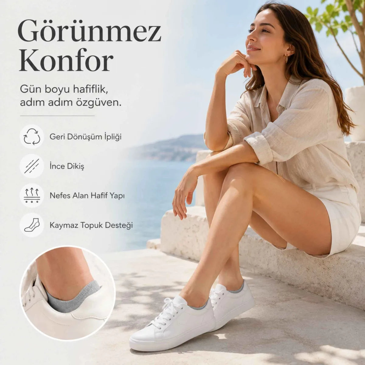 Kadın Geri Dönüşüm İplikli 6’lı Görünmez Sneaker Çorap, İnce Dikişli Nefes Alan Babet Çorap Siyah Beyaz Gri