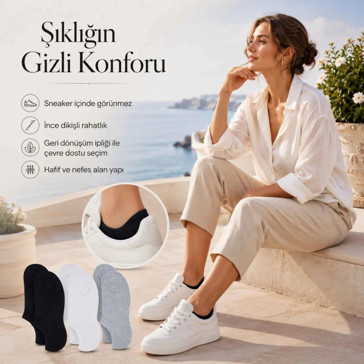 Kadın Geri Dönüşüm İplikli 6’lı Görünmez Sneaker Çorap, İnce Dikişli Nefes Alan Babet Çorap Siyah Beyaz Gri