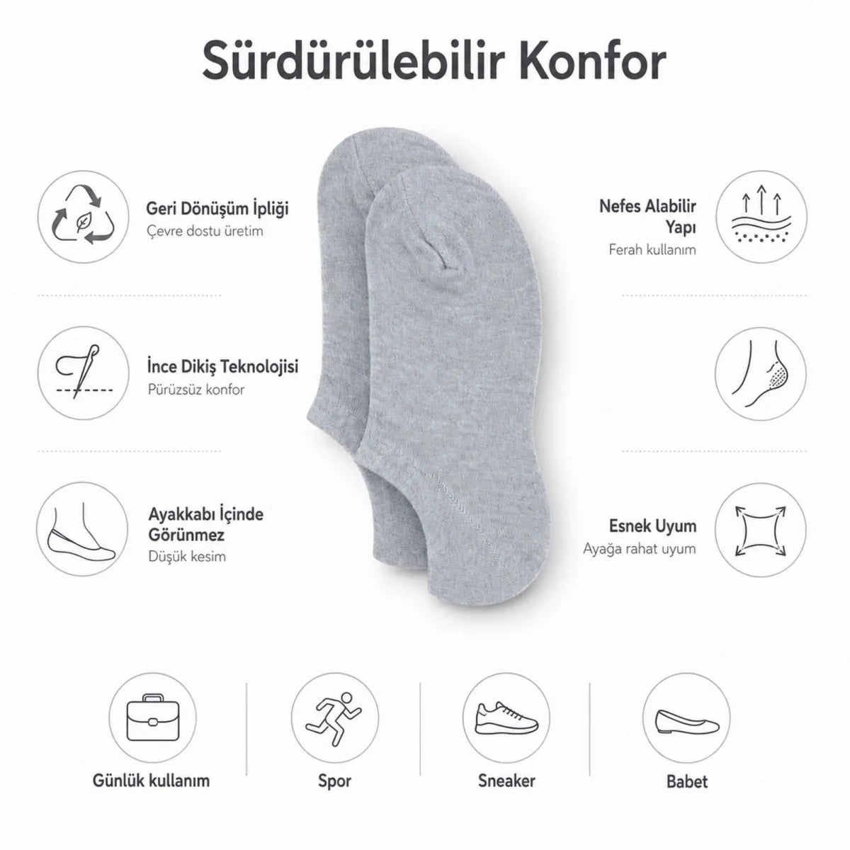 Kadın Geri Dönüşüm İplikli 6’lı Görünmez Sneaker Çorap, İnce Dikişli Nefes Alan Babet Çorap Siyah Beyaz Gri