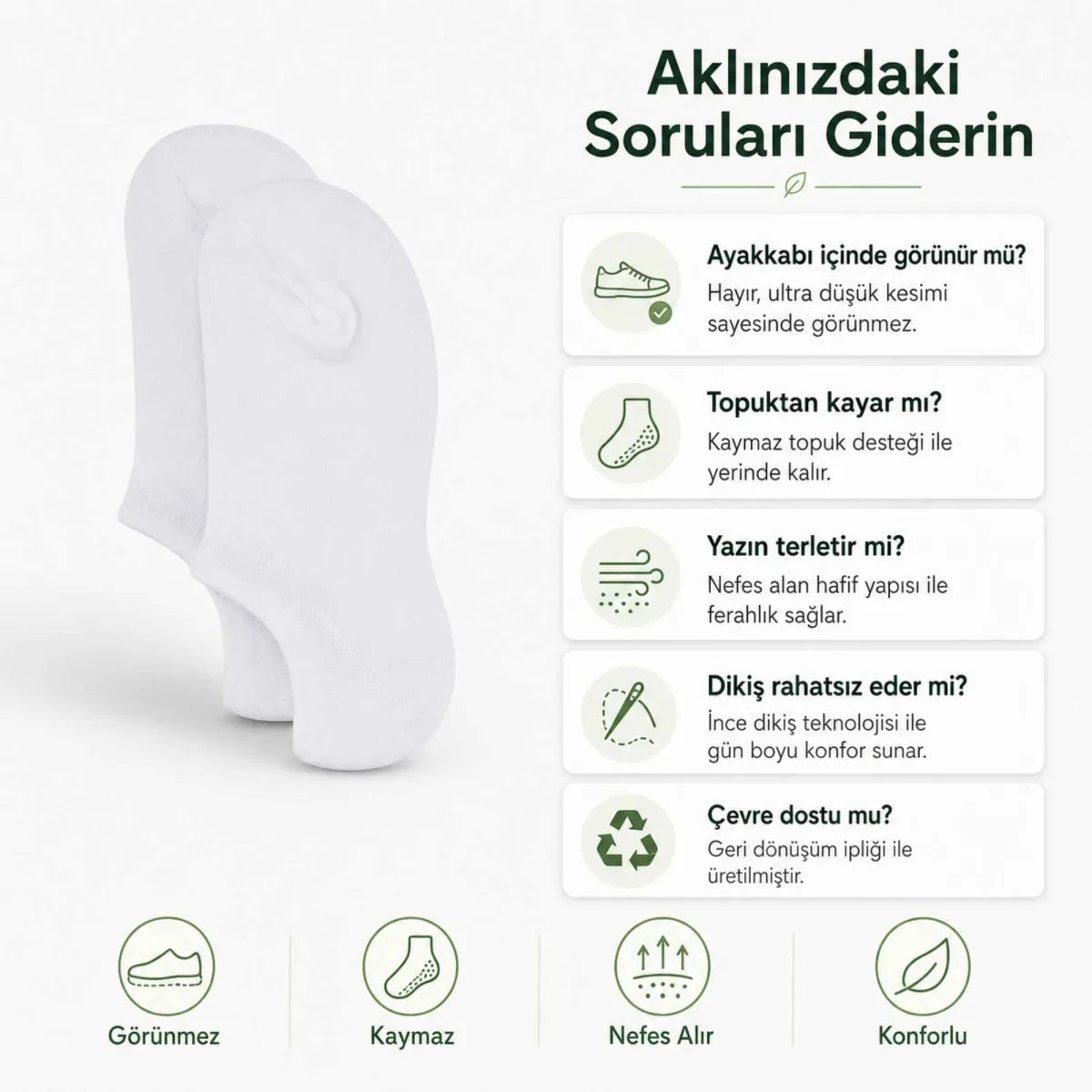 Kadın Geri Dönüşüm İplikli 6’lı Görünmez Sneaker Çorap, İnce Dikişli Nefes Alan Babet Çorap Siyah Beyaz Gri