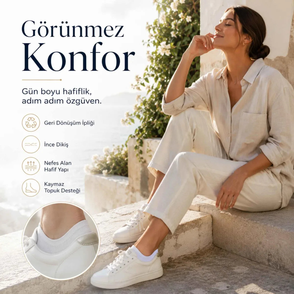 Kadın Geri Dönüşüm İplikli 6’lı Görünmez Sneaker Çorap, İnce Dikişli Nefes Alan Babet Çorap Siyah Beyaz Gri