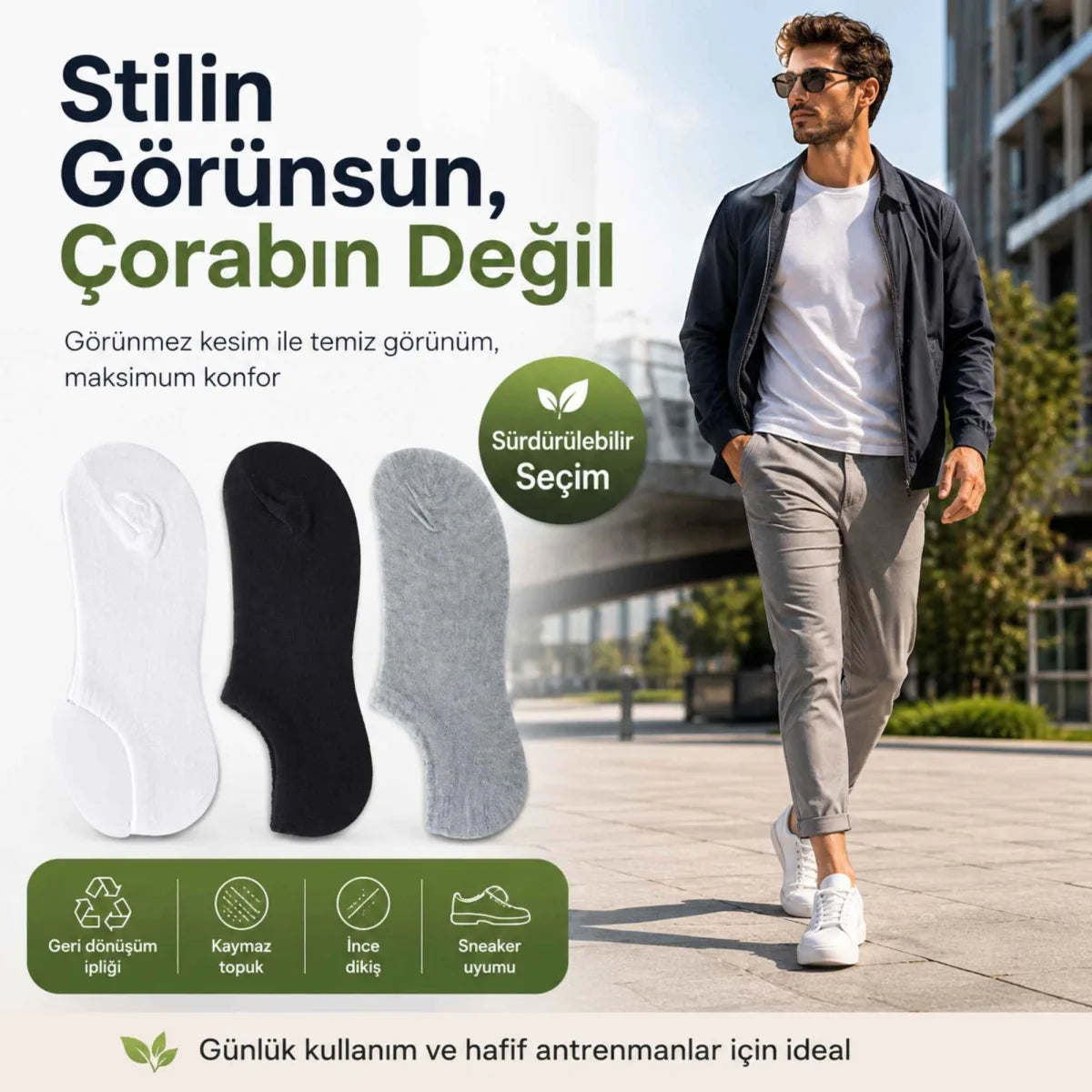 Erkek Geri Dönüşüm İplikli 12’li Görünmez Sneaker Çorap, İnce Dikişli, Nefes Alan Yazlık Babet Çorabı, Kaymaz Topuklu Siyah Gri Beyaz