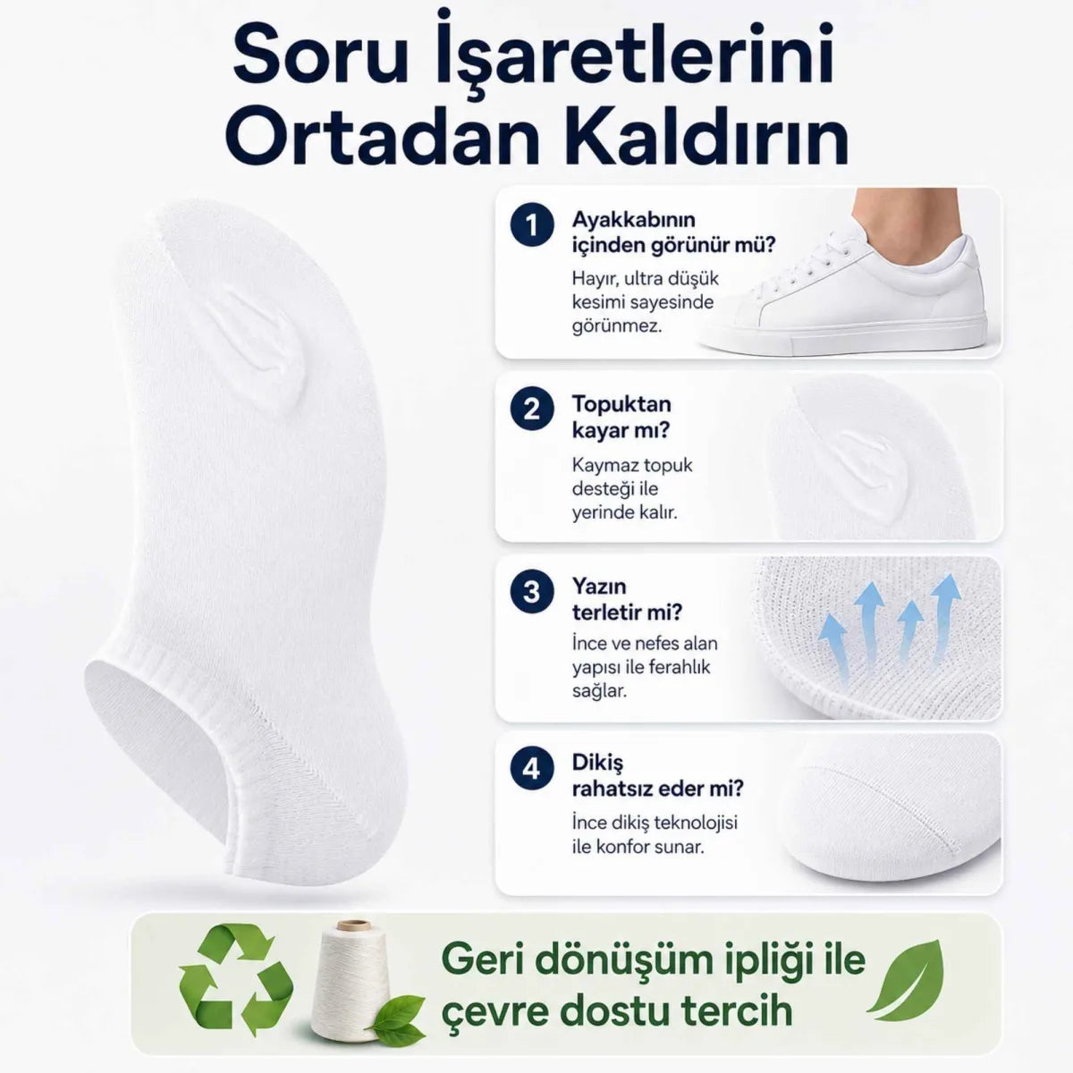 Erkek Geri Dönüşüm İplikli 12’li Görünmez Sneaker Çorap, İnce Dikişli, Nefes Alan Yazlık Babet Çorabı, Kaymaz Topuklu Siyah Gri Beyaz