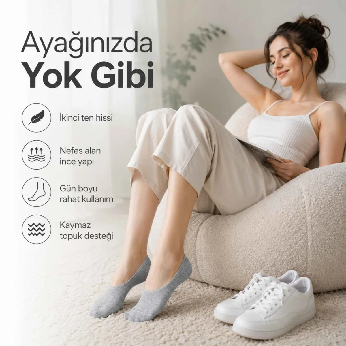 Erkek Geri Dönüşüm İplikli 12’li Görünmez Sneaker Çorap, İnce Dikişli, Nefes Alan Yazlık Babet Çorabı, Kaymaz Topuklu Siyah Gri Beyaz