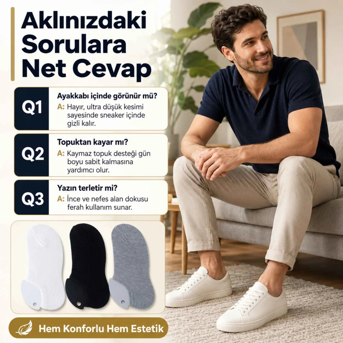 Erkek Geri Dönüşüm İplikli 12’li Görünmez Sneaker Çorap, İnce Dikişli, Nefes Alan Yazlık Babet Çorabı, Kaymaz Topuklu Siyah Gri Beyaz