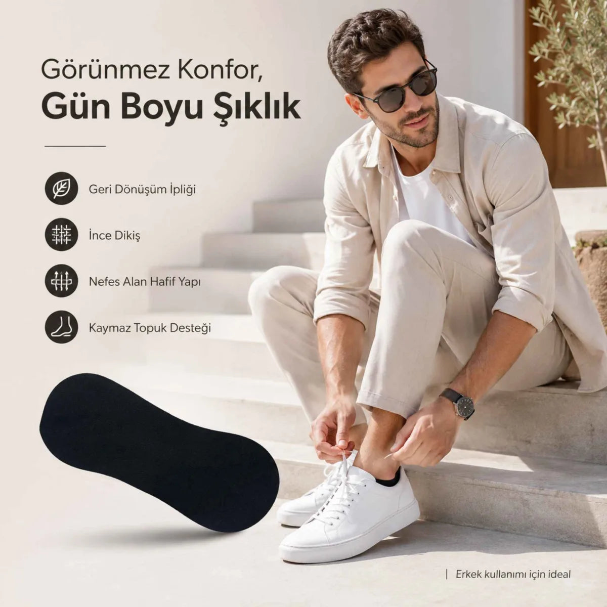 Erkek Geri Dönüşüm İplikli 6’lı Görünmez Sneaker Çorap, İnce Dikişli, Nefes Alan Yazlık Babet Çorabı, Kaymaz Topuklu Siyah Gri Beyaz
