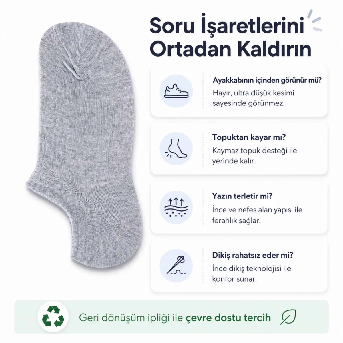 Erkek Geri Dönüşüm İplikli 6’lı Görünmez Sneaker Çorap, İnce Dikişli, Nefes Alan Yazlık Babet Çorabı, Kaymaz Topuklu Siyah Gri Beyaz