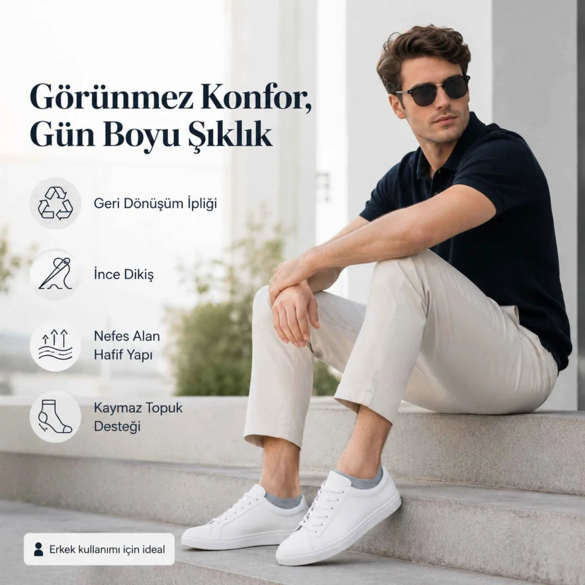 Erkek Geri Dönüşüm İplikli 6’lı Görünmez Sneaker Çorap, İnce Dikişli, Nefes Alan Yazlık Babet Çorabı, Kaymaz Topuklu Siyah Gri Beyaz