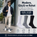Erkek Spor Çorap 6 Çift, Taban Altı Havlu Destekli Penye Pamuklu Uzun Konç Çorap, Dikişsiz Burun, Yıkamalı Parfümlü, Siyah Gri Beyaz