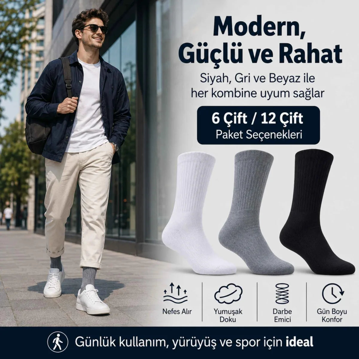 Erkek Spor Çorap 6 Çift, Taban Altı Havlu Destekli Penye Pamuklu Uzun Konç Çorap, Dikişsiz Burun, Yıkamalı Parfümlü, Siyah Gri Beyaz