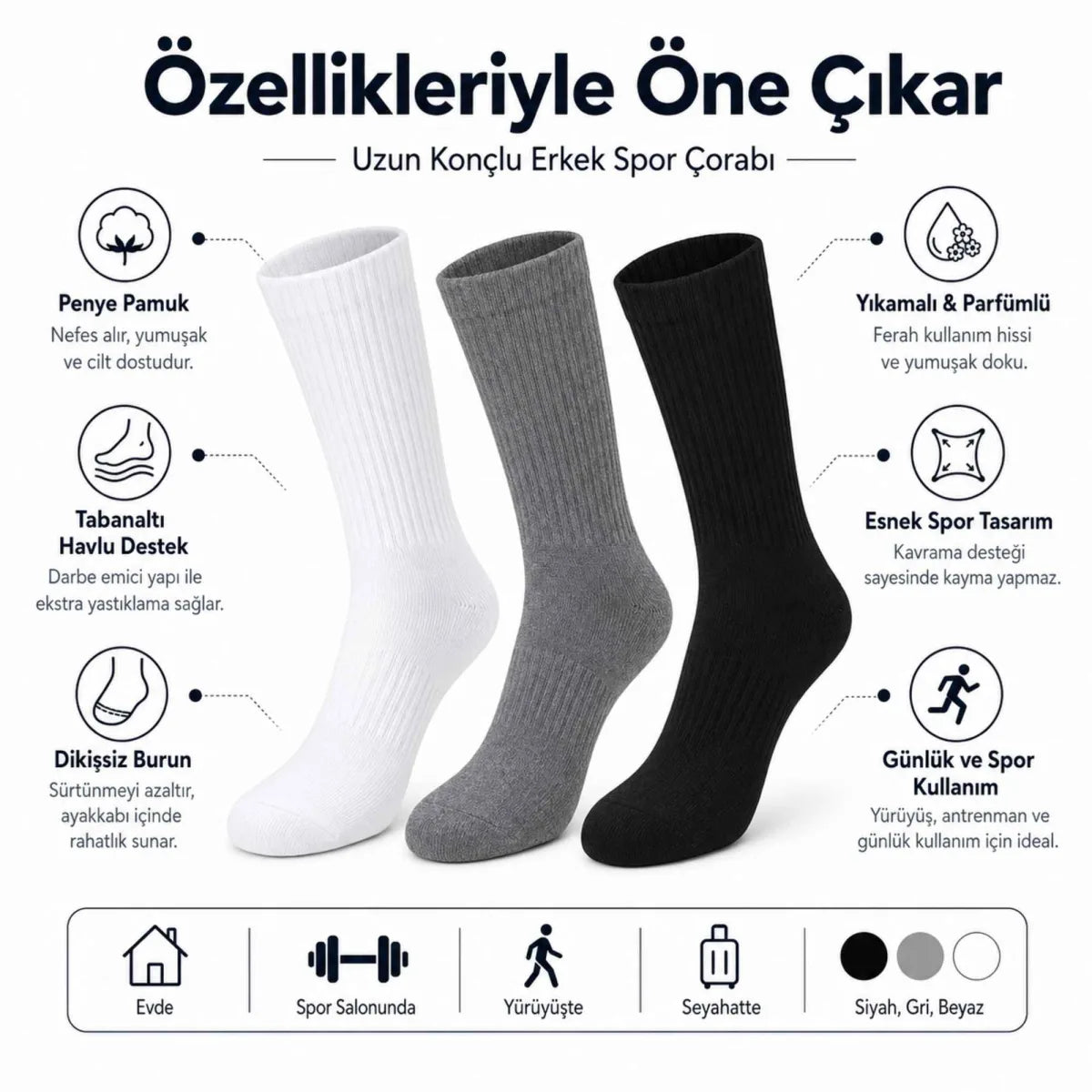 Erkek Spor Çorap 6 Çift, Taban Altı Havlu Destekli Penye Pamuklu Uzun Konç Çorap, Dikişsiz Burun, Yıkamalı Parfümlü, Siyah Gri Beyaz