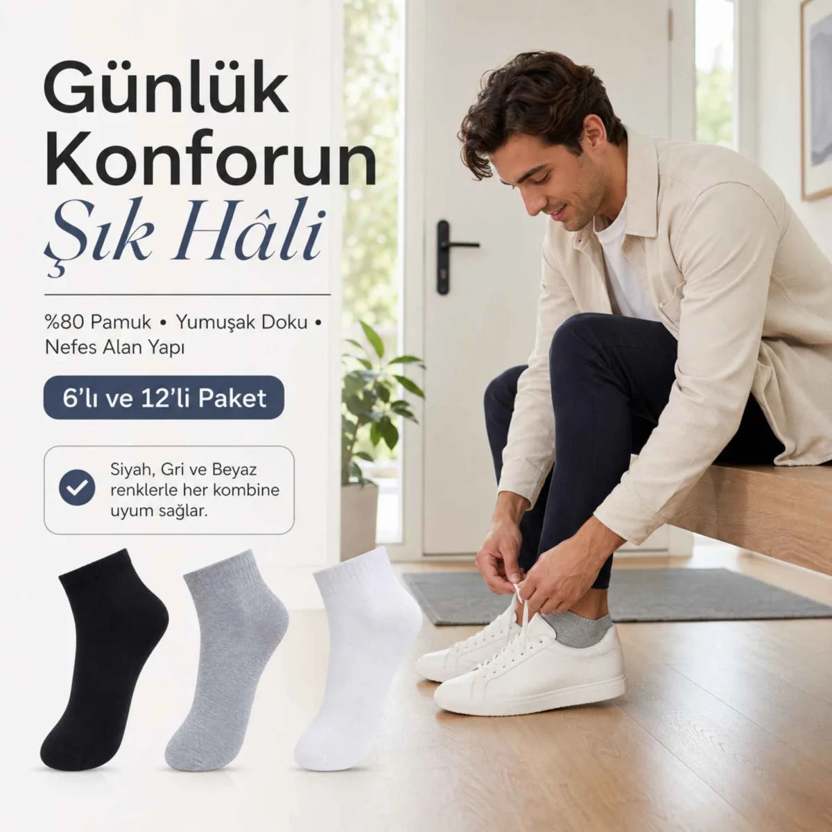 Erkek Kısa Konç Çorap 12’li Paket, %80 Pamuklu, Dikişsiz Burun, Nefes Alan Yumuşak Bilek Çorabı, Siyah Gri Beyaz