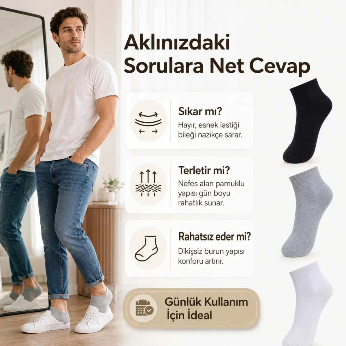Erkek Kısa Konç Çorap 3’lü Paket, %80 Pamuklu, Dikişsiz Burun, Nefes Alan Yumuşak Bilek Çorabı, Siyah Gri Beyaz