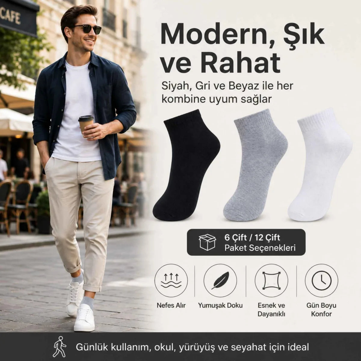 Erkek Kısa Konç Çorap 3’lü Paket, %80 Pamuklu, Dikişsiz Burun, Nefes Alan Yumuşak Bilek Çorabı, Siyah Gri Beyaz