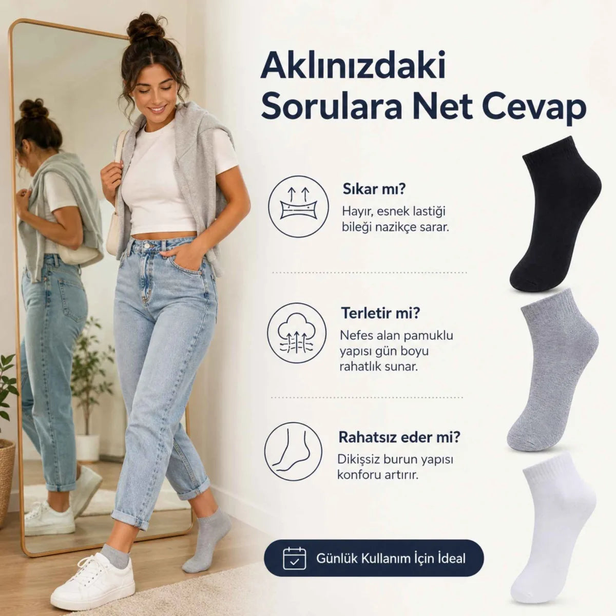 Kadın Kısa Konç Çorap 3’lü Paket, %80 Pamuklu, Dikişsiz Burun, Nefes Alan Yumuşak Bilek Çorabı, Siyah Gri Beyaz