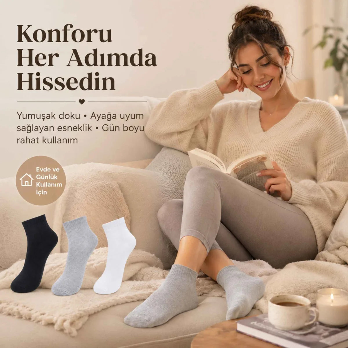 Kadın Kısa Konç Çorap 6’lı Paket, %80 Pamuklu, Dikişsiz Burun, Nefes Alan Yumuşak Bilek Çorabı, Siyah Gri Beyaz