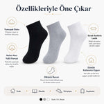 Kadın Kısa Konç Çorap 6’lı Paket, %80 Pamuklu, Dikişsiz Burun, Nefes Alan Yumuşak Bilek Çorabı, Siyah Gri Beyaz