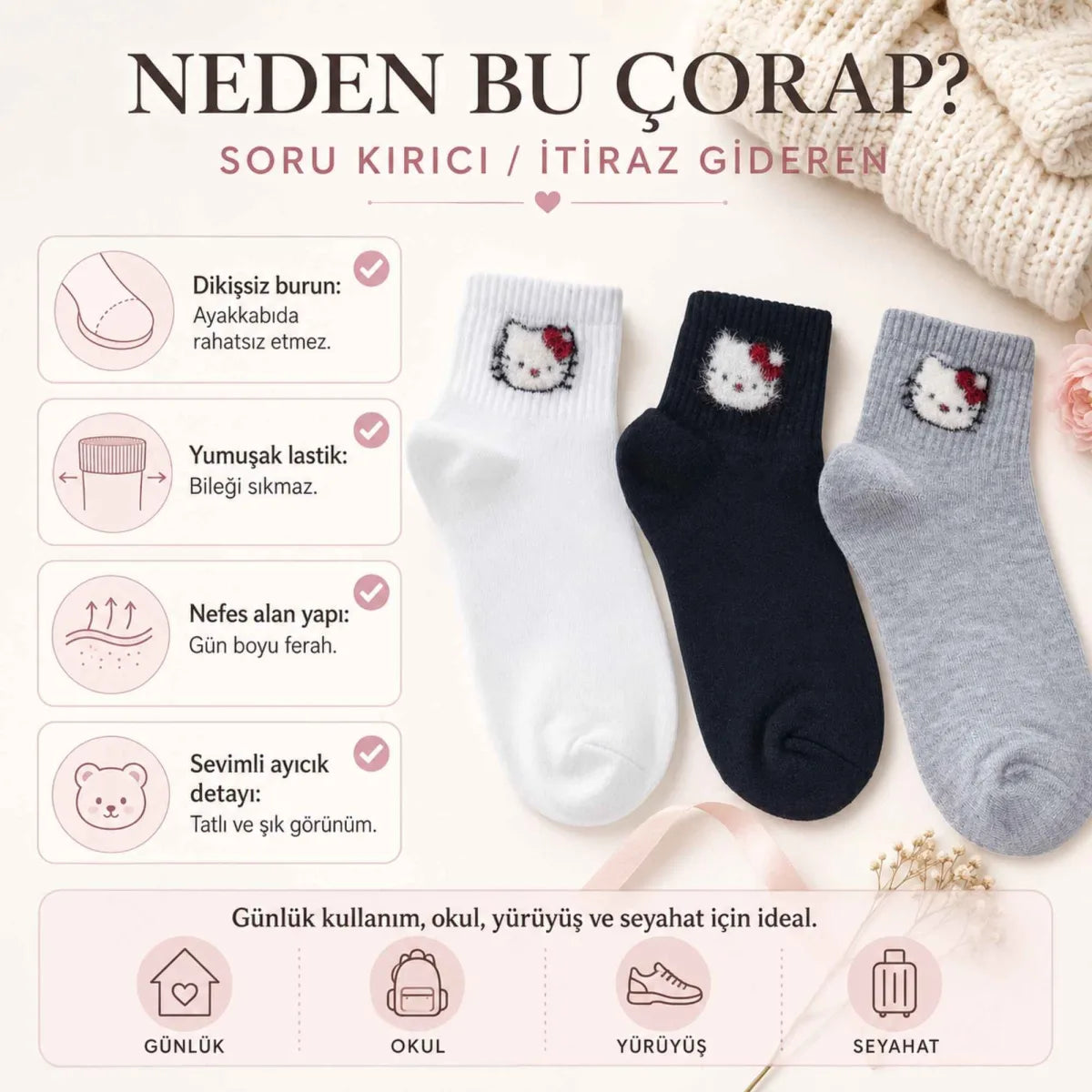 Kadın Sevimli Kedi Desenli Kısa Konç Çorap 12 Çift, %80 Pamuklu Dikişsiz Burun, Siyah Beyaz Gri, Yumuşak Günlük Bilek Çorabı