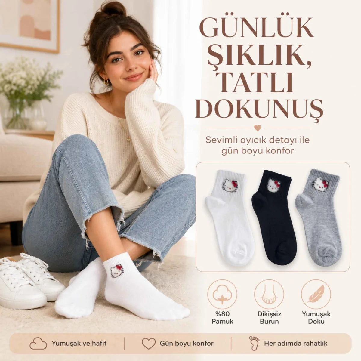 Kadın Sevimli Kedi Desenli Kısa Konç Çorap 3 Çift, %80 Pamuklu Dikişsiz Burun, Siyah Beyaz Gri, Yumuşak Günlük Bilek Çorabı