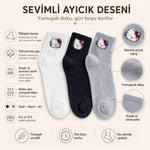 Kadın Sevimli Kedi Desenli Kısa Konç Çorap 6 Çift, %80 Pamuklu Dikişsiz Burun, Siyah Beyaz Gri, Yumuşak Günlük Bilek Çorabı