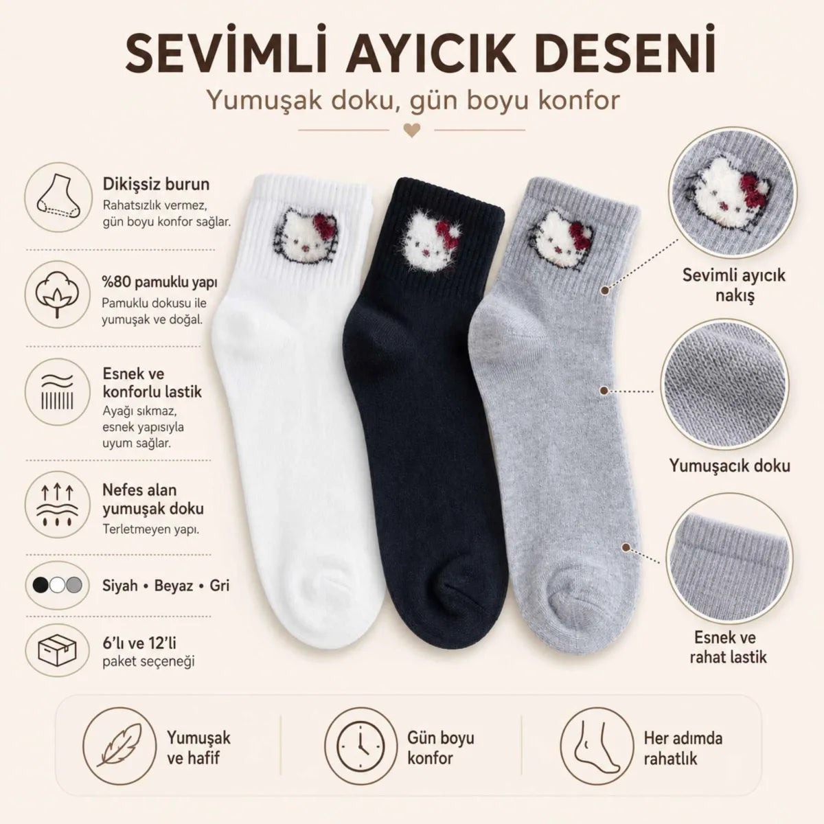 Kadın Sevimli Kedi Desenli Kısa Konç Çorap 6 Çift, %80 Pamuklu Dikişsiz Burun, Siyah Beyaz Gri, Yumuşak Günlük Bilek Çorabı