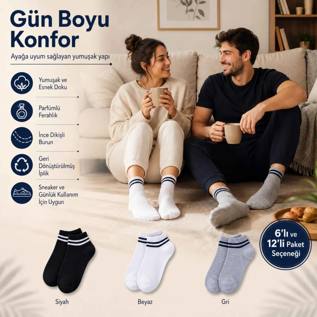 Unisex Çizgili Kısa Konç Patik Çorap 12 Çift, %85 Pamuklu Geri Dönüştürülmüş İplik, Parfümlü İnce Dikişli, Siyah Beyaz Gri Günlük Spor Çorabı