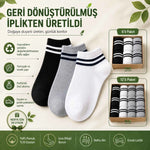 Unisex Çizgili Kısa Konç Patik Çorap 12 Çift, %85 Pamuklu Geri Dönüştürülmüş İplik, Parfümlü İnce Dikişli, Siyah Beyaz Gri Günlük Spor Çorabı