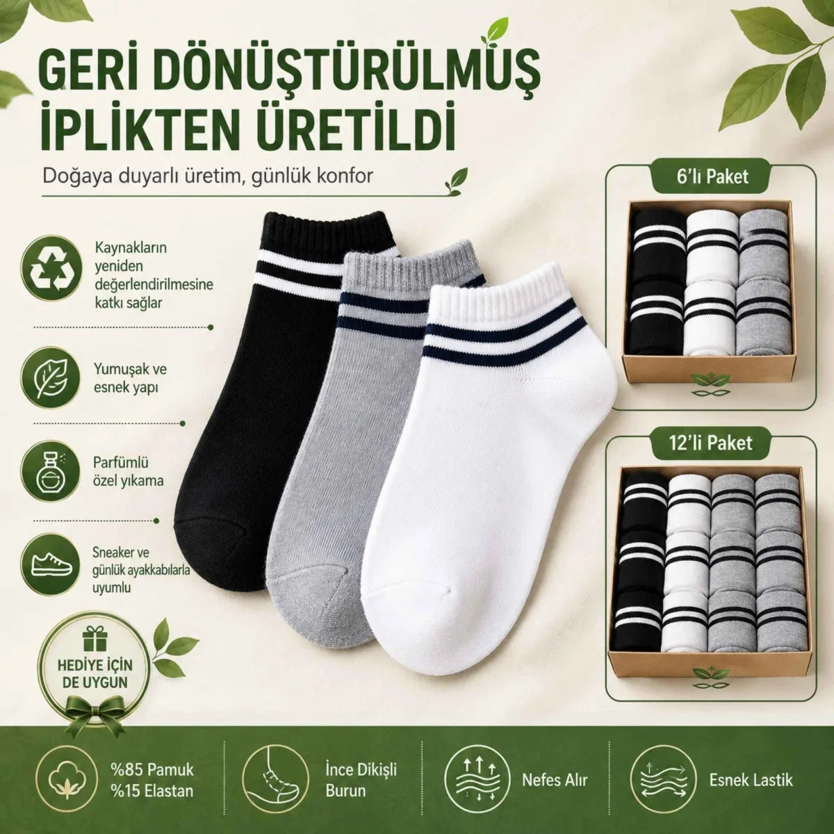 Unisex Çizgili Kısa Konç Patik Çorap 12 Çift, %85 Pamuklu Geri Dönüştürülmüş İplik, Parfümlü İnce Dikişli, Siyah Beyaz Gri Günlük Spor Çorabı