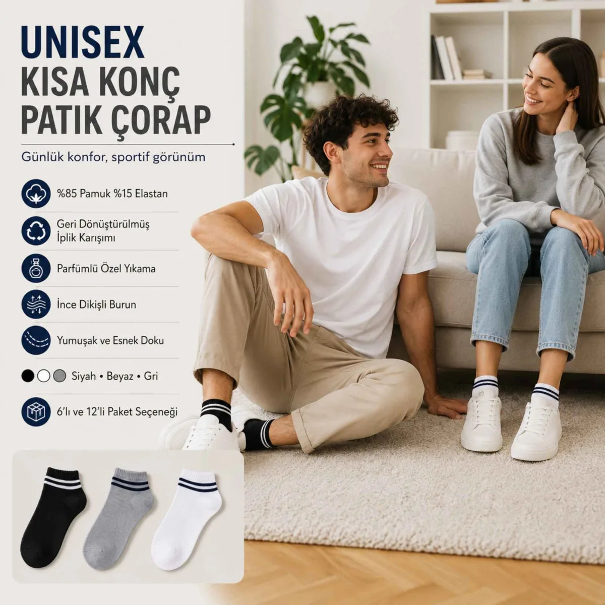 Unisex Çizgili Kısa Konç Patik Çorap 12 Çift, %85 Pamuklu Geri Dönüştürülmüş İplik, Parfümlü İnce Dikişli, Siyah Beyaz Gri Günlük Spor Çorabı