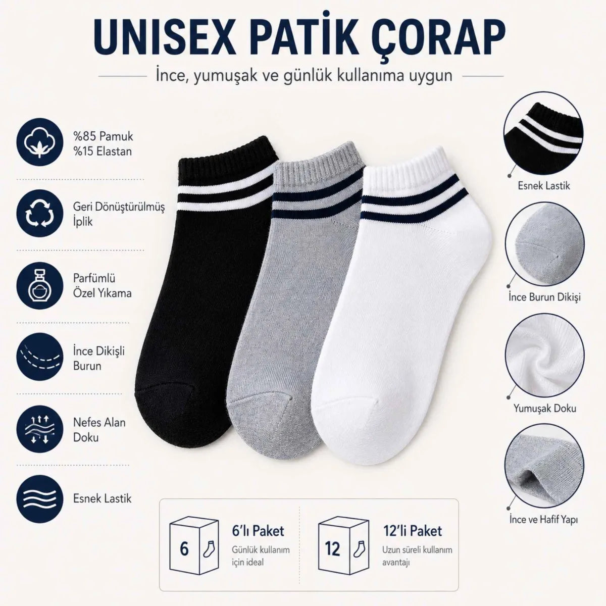 Unisex Çizgili Kısa Konç Patik Çorap 6 Çift, %85 Pamuklu Geri Dönüştürülmüş İplik, Parfümlü İnce Dikişli, Siyah Beyaz Gri Günlük Spor Çorabı