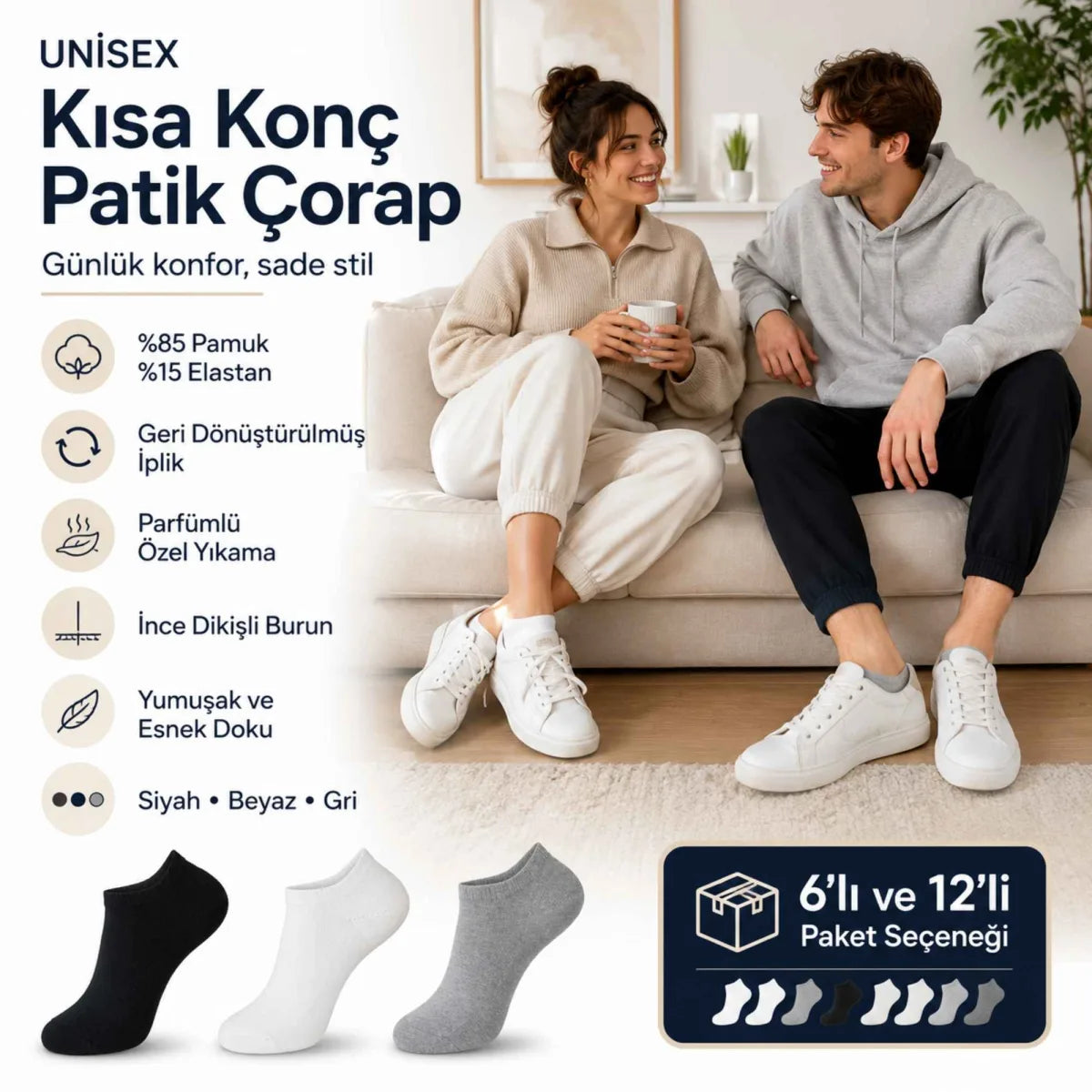 Unisex Dikişsiz Kısa Konç 12’li Patik Çorap, %85 Pamuklu Geri Dönüştürülmüş İplik, Parfümlü, Siyah Beyaz Gri, Yumuşak Nefes Alan Günlük Spor Çorabı