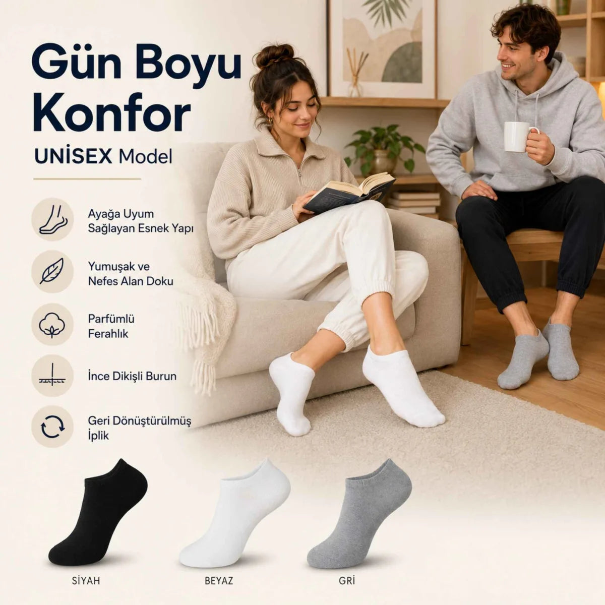 Unisex Dikişsiz Kısa Konç 12’li Patik Çorap, %85 Pamuklu Geri Dönüştürülmüş İplik, Parfümlü, Siyah Beyaz Gri, Yumuşak Nefes Alan Günlük Spor Çorabı