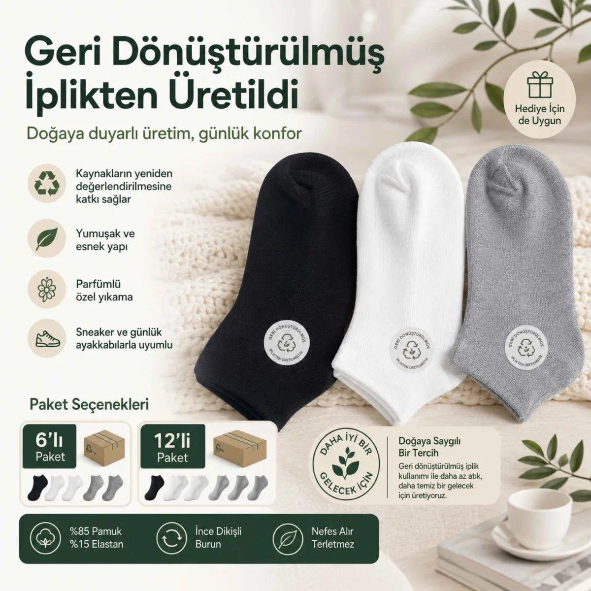 Unisex Dikişsiz Kısa Konç 12’li Patik Çorap, %85 Pamuklu Geri Dönüştürülmüş İplik, Parfümlü, Siyah Beyaz Gri, Yumuşak Nefes Alan Günlük Spor Çorabı