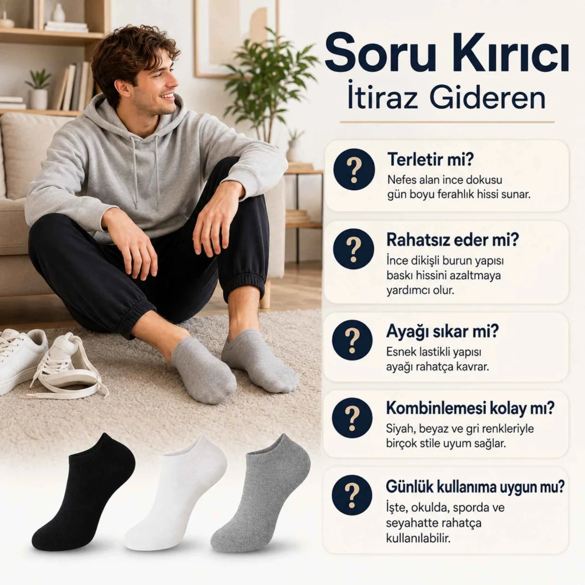 Unisex Dikişsiz Kısa Konç 6’lı Patik Çorap, %85 Pamuklu Geri Dönüştürülmüş İplik, Parfümlü, Siyah Beyaz Gri, Yumuşak Nefes Alan Günlük Spor Çorabı