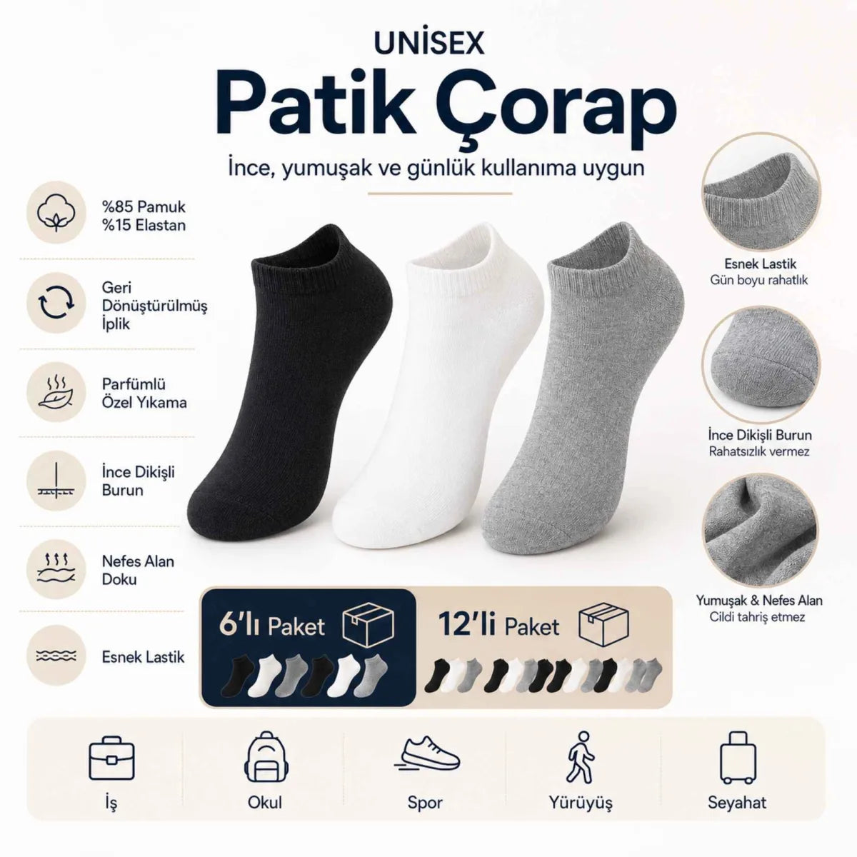 Unisex Dikişsiz Kısa Konç 6’lı Patik Çorap, %85 Pamuklu Geri Dönüştürülmüş İplik, Parfümlü, Siyah Beyaz Gri, Yumuşak Nefes Alan Günlük Spor Çorabı