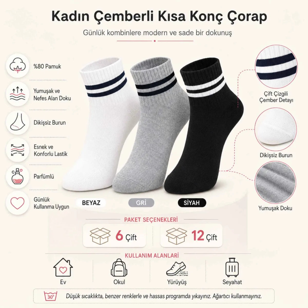 Unisex Çizgili Kısa Konç 12’li Bilek Çorabı, %80 Pamuklu Parfümlü, Dikişsiz Burun, Siyah Beyaz Gri, Yumuşak Günlük Spor Çorap