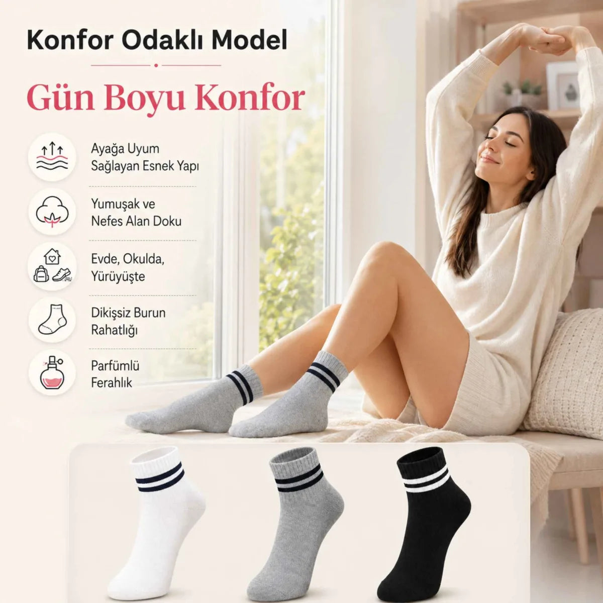 Unisex Çizgili Kısa Konç 12’li Bilek Çorabı, %80 Pamuklu Parfümlü, Dikişsiz Burun, Siyah Beyaz Gri, Yumuşak Günlük Spor Çorap