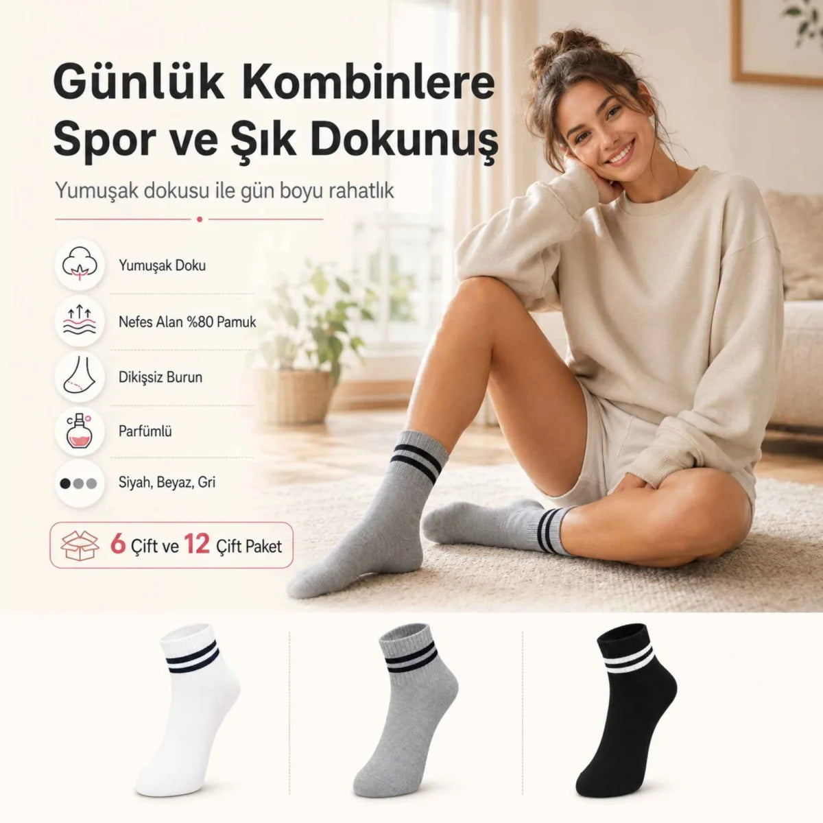 Unisex Çizgili Kısa Konç 12’li Bilek Çorabı, %80 Pamuklu Parfümlü, Dikişsiz Burun, Siyah Beyaz Gri, Yumuşak Günlük Spor Çorap