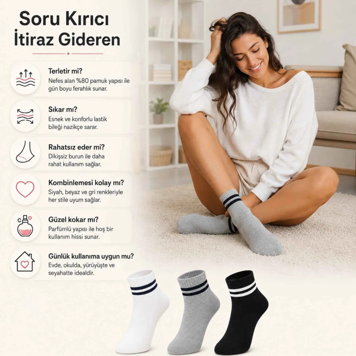 Unisex Çizgili Kısa Konç 6’lı Bilek Çorabı, %80 Pamuklu Parfümlü, Dikişsiz Burun, Siyah Beyaz Gri, Yumuşak Günlük Spor Çorap