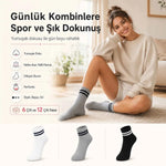 Unisex Çizgili Kısa Konç 6’lı Bilek Çorabı, %80 Pamuklu Parfümlü, Dikişsiz Burun, Siyah Beyaz Gri, Yumuşak Günlük Spor Çorap