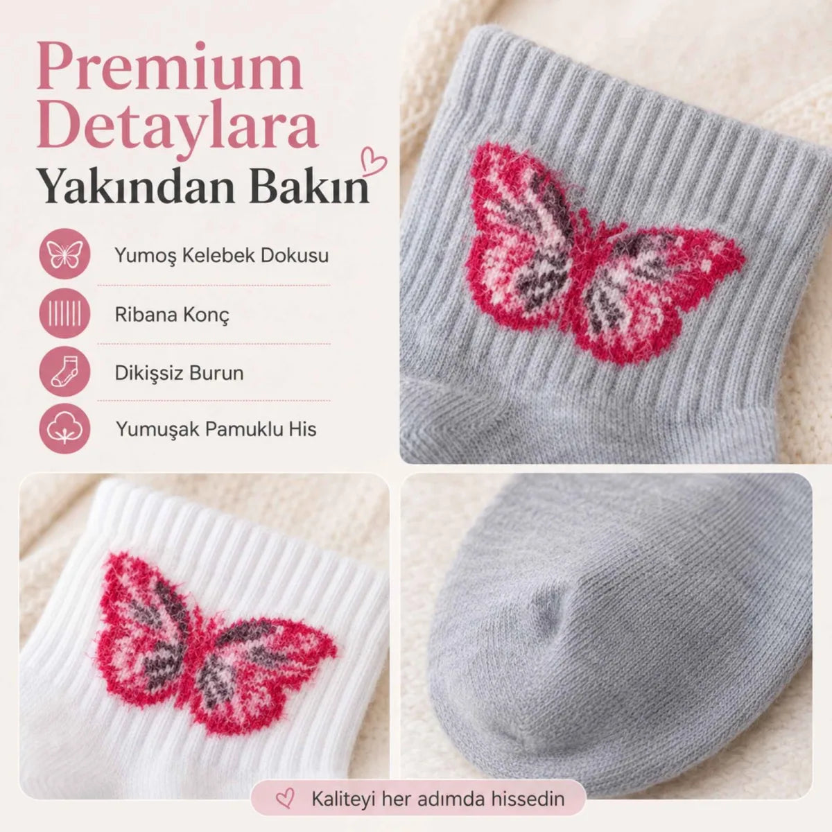Kadın Kelebek Desenli Kısa Konç Çorap 12’li Paket, %80 Pamuklu Dikişsiz Burun, Nefes Alan Yumuşak Bilek Çorabı, Siyah Beyaz Gri