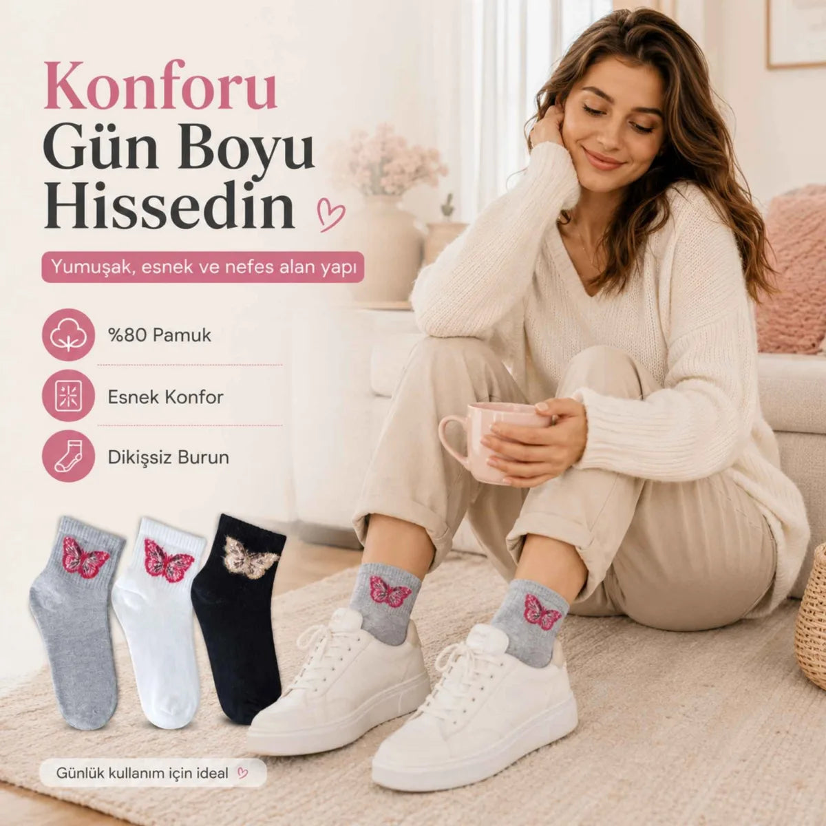 Kadın Kelebek Desenli Kısa Konç Çorap 12’li Paket, %80 Pamuklu Dikişsiz Burun, Nefes Alan Yumuşak Bilek Çorabı, Siyah Beyaz Gri